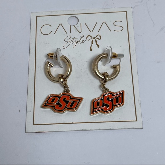 Gold Tone with Orange and Black OSU Dangle Earrings - Picture 1 of 5